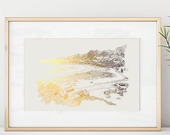 Maui Black Sand Beach Gold Foil Art, Hawaii Maui Beach Original Art, Beach Themed Decor, Tropical Wanderlust print, Metallic Gold Print