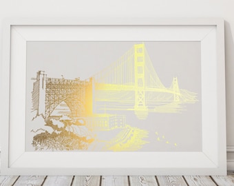 Golden Gate Bridge Art, San Francisco Art Travel poster, San Francisco Bridge Gold Foil Print, San Francisco Architecture Illustration Print