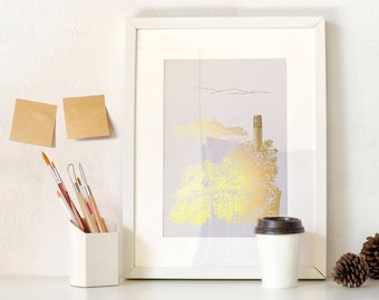 Coit Tower San Francisco Poster, Original Line Art San Francisco Print, Gold Foil Print, Telegraph Hill City Skyline Gold Print, Travel gift