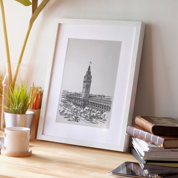 San Francisco Ferry Building, Iconic Architecture Buildings, San Francisco Art, Black and White San Francisco Print, Office Wall Decor