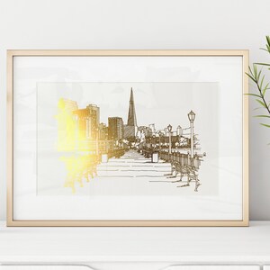 San Francisco Print,  San Francisco Poster, Original Line Art Gold Foil Print, Transamerica Building, City Skyline Gold Print, Embarcadero