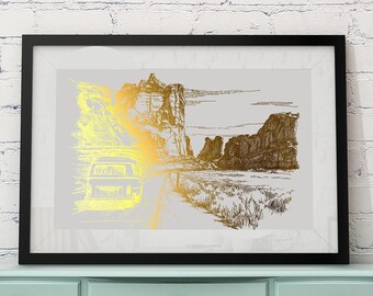 Vanlife, Arches National Park Gold Foil Print, Original Drawings of Mountains, National Park Print,  Camper Van Travel poster, Utah Wall Art