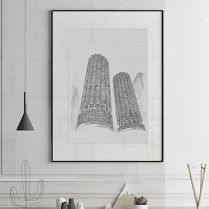 Marina City Towers Chicago Skyline Wall Art, Chicago Architecture Art Print, Chicago Illinois Print, Hand Drawn Artwork, Living Room Decor