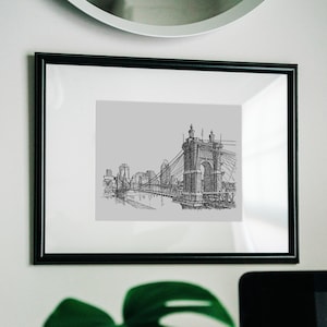 Cincinnati Art, Ohio Wall Art, Cincinnati Skyline Print, Cincinnati Wall Decor, Cincinnati Home Decor, Roebling Suspension Bridge Drawing