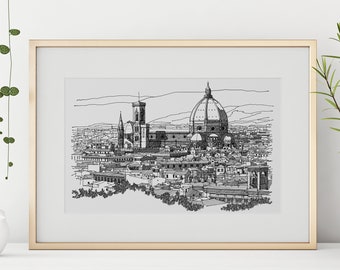 Florence Architecture Print, Europe Cityscape Art, Florencia Italia, Florencia Duomo Cathedral Drawing, Italia Travel Poster Black and White Art