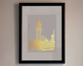 Oakland Tribune Tower Original Drawing Gold Foil Print,   Skyline Poster Print, California Travel poster, Cityscape Print, Seattle Gift