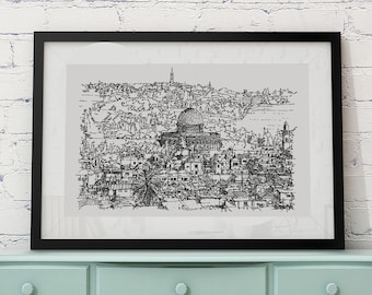 Jerusalem Art Print, Israeli art, Jerusalem Israel Poster, Holy Land, Cityscape Print, Jewish Home Decor, Original Drawing, Jewish Gift