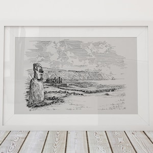 Easter Island Moai Statue Wall Art Black And White, Polynesian Art Home Decor, Easter Island Head Illustration Print, Wanderlust Travel Gift