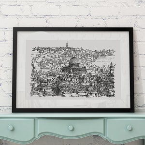 Jerusalem Art Print, Israeli art, Jerusalem Israel Poster, Holy Land, Cityscape Print, Jewish Home Decor, Original Drawing, Jewish Gift image 1