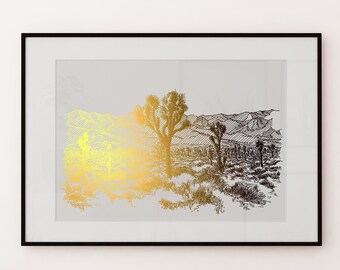 Joshua Tree National Park Print, Gold Foil Print, Joshua Tree Print Desert Art, Southern California Original Line Art Cactus Decor