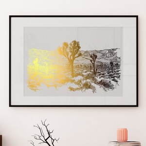 Joshua Tree National Park Print, Gold Foil Print, Joshua Tree Print Desert Art, Southern California Original Line Art Cactus Decor