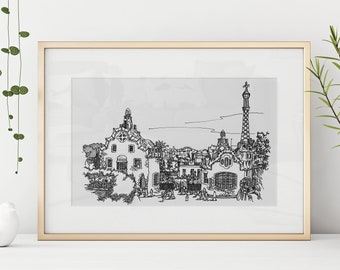 Barcelona Park Guell Wall Art, Home Decor, Barcelona Print, Iconic Antoni Gaudi Architecture Illustration Print, Spain Travel Poster Gift