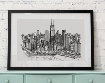 Chicago Art Print, Monochrome Chicago Skyline Wall Art, Chicago Drawing, Black and White Wall Art, City of Chicago Art Print