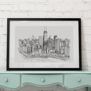 Chicago Art Print, Monochrome Chicago Skyline Wall Art, Chicago Drawing, Black and White Wall Art, City of Chicago Art Print