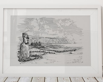 Easter Island Hand-Drawn Print, Easter Island Original Drawing, Polynesia Wall Art, Easter Island Wall Decor, Easter Island Gift