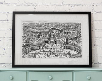 Vaticaanstad Print, Christelijke Muur Kunst, Rome Skyline, Italië Reiscadeau, Reisposter, Katholieke Home Decor, Architectuur Geschiedenis Bezienswaardigheden