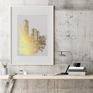 Millennium Park Chicago Skyline Wall Art, Chicago Architecture Gold Foil Print, Original line Art, Chicago Illinois Gift, Living Room Decor