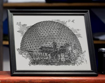 Montreal Print - Biosphere, Original Drawing Illustration Print, Montreal Wall Art, Quebec Canada Souvenir, Architect Gift, Black and White