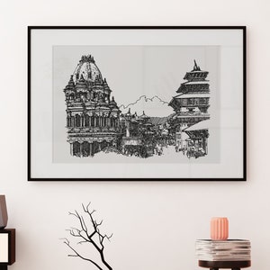 Lalitpur Nepal Wall Art, Monochrome Nepalese Art, Nepali Art, Patan Durbar Square, Nepalese Travel Original Drawing, Kathmandu Decor