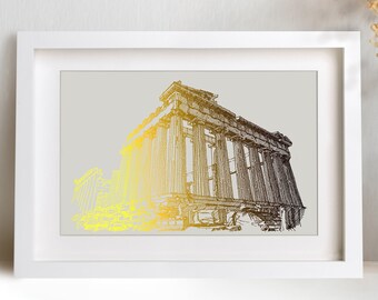 Partenon Akropol wydruk ze złotą folią, Ateny, Grecja, dekoracja ścienna, plakat podróżniczy Wanderlust, ilustracja starożytnej architektury greckiej