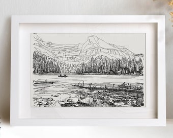 Banff National Park Print, Canada Landscape Wall Art Print, Drawings of Mountains, Travel Gift, Original Drawing Print, World Traveler Art