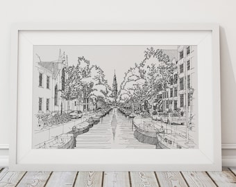 Amsterdam Poster, Original Amsterdam Canal Drawing, Black & White Amsterdam Print, Architecture Print, Netherland Gift, Room Decor Aesthetic