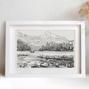 Banff National Park Print, Canada Landscape Wall Art Print, Drawings of Mountains, Travel Gift, Original Drawing Print, World Traveler Art image 1