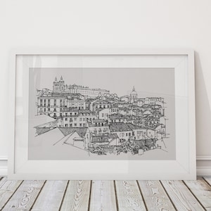 Lisboa Skyline Art, Lisbon Portugal Art Print, Lisbon poster, Original Art, Black and White Art, Sketch Drawing Print, New apartment gift