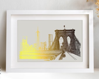 Brooklyn Bridge Print, Gold Foil Art New York City Landmark, Iconic Bridge Architectural Poster, NYC Wall art Gift Idea, Manhattan Bridge.