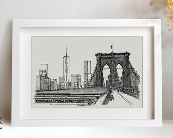 Brooklyn Bridge Drawing, NYC Wedding Gift, Manhattan Print, New York City Wall Art, Black and White Art, Iconic Bridge Architecture Sketch