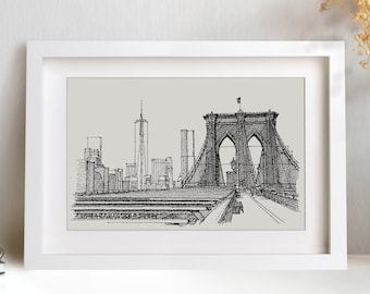 Brooklyn Bridge Drawing, NYC Wedding Gift, Manhattan Print, New York City Wall Art, Black and White Art, Iconic Bridge Architecture Sketch