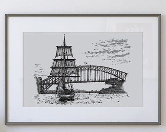 Sydney Australia Hand-Drawn Print, Sydney Harbor Original Print, Australia Harbor Art, Sydney Harbor Decor, Sydney Gift, Australia Decor