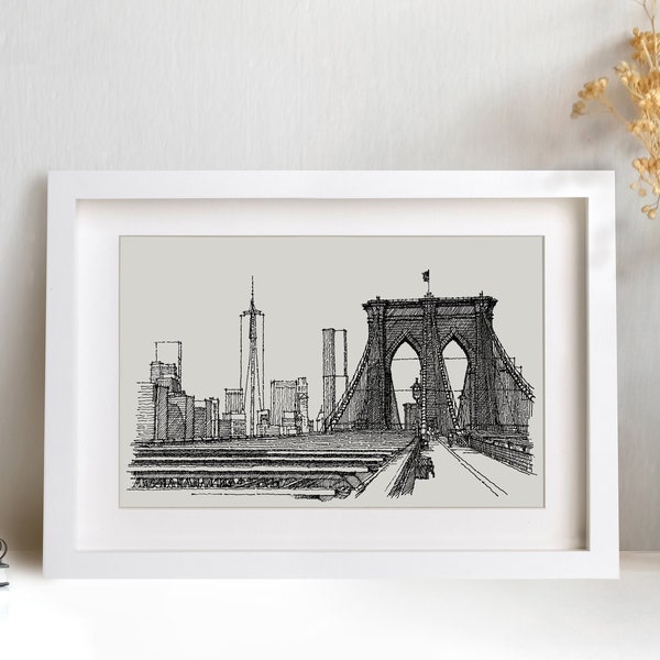 Brooklyn Bridge Drawing, NYC Wedding Gift, Manhattan Print, New York City Wall Art, Black and White Art, Iconic Bridge Architecture Sketch