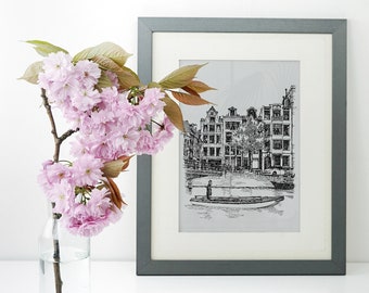 Amsterdam Wall Art, Pen & Ink Original Artwork, Hand Drawn Houses of Amsterdam Art, Amsterdam Canals, City Architecture, Modern Line Drawing