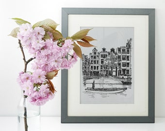 Amsterdam Canal Drawing, Amsterdam Poster, Black & White Amsterdam Print, Dutch Architecture Print, Netherland Gift, Canal Row Houses Art