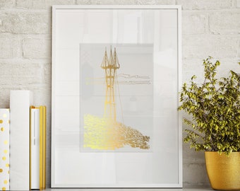 Sutro Tower San Francisco Poster, Original Line Art San Francisco Print, Twin Peaks, City Skyline Gold Foil Print, Radio Antenna Travel gift