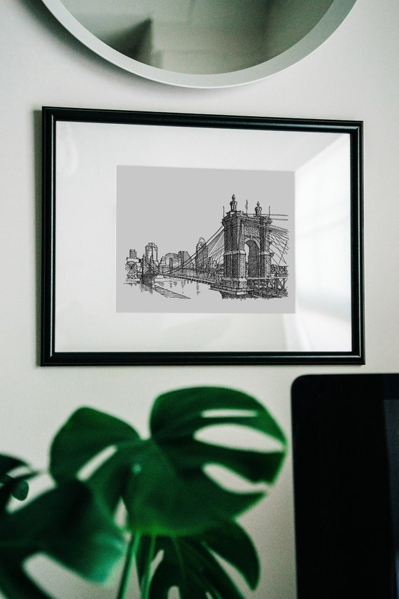 Cincinnati Art, Ohio Wall Art, Cincinnati Skyline Print, Cincinnati Wall Decor, Cincinnati Home Decor, Roebling Suspension Bridge Drawing