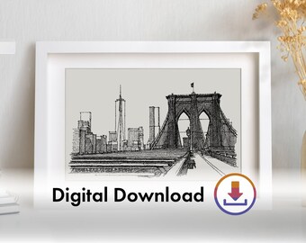 Impresión digital del puente de Brooklyn, arte de pared imprimible, impresión de la ciudad de Nueva York, arquitectura icónica del puente, dibujo de pluma y tinta, descarga digital