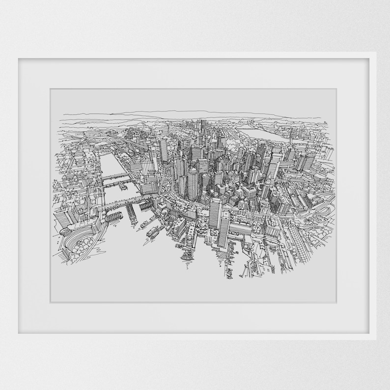 May include: A black and white line drawing of a city skyline. The drawing shows a large city with many tall buildings and a river running through it.