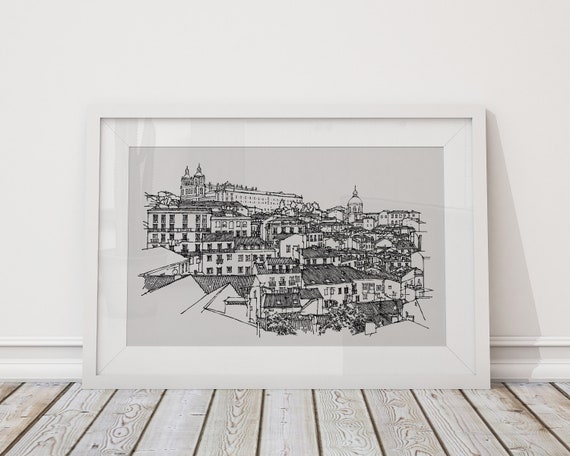 Lisboa Skyline Art, Lisbon Portugal Art Print, Lisbon poster, Original Art, Black and White Art, Sketch Drawing Print, New apartment gift