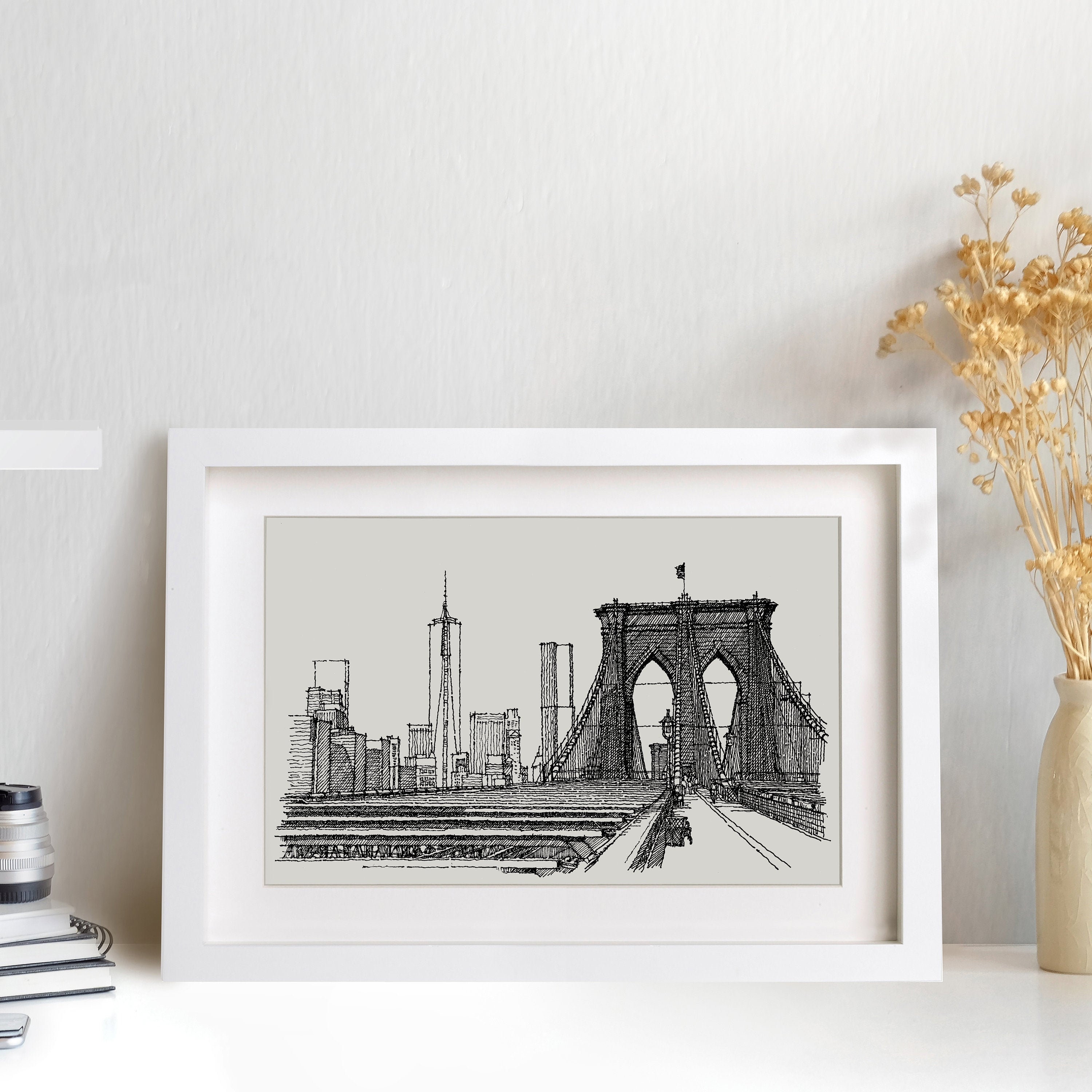 NYC Manhattan Bridge Original Artwork, Hand Drawn Brooklyn Bridge, American Landmarks Wall art, Black and White Ink Art, Gift For Architect