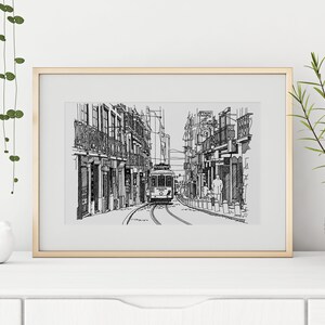Cartel de Lisboa - Impresión de tranvía en blanco y negro, impresiones únicas de teleférico, Lisboa Portugal Wall Art, Lisbon tram Home Decor, Portugal Travel Gift imagen 2