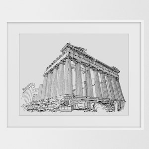 May include: Black and white line drawing of the Parthenon, a classical Greek temple. The artwork is framed in a white border, showcasing the architectural details of the ancient structure. The image is a detailed illustration.