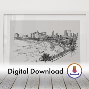 Tel Aviv Skyline Digital Print, Printable Wall Art, Tel Aviv Israel Cityscape Print, Jewish Home Decor Wall Art, Jewish Wedding Gift