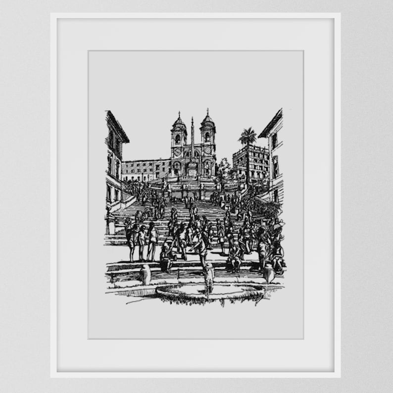 May include: Black and white ink drawing of the Spanish Steps in Rome, Italy. The steps are filled with people and lead up to a church with two bell towers.