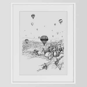 Wydruk balonu na gorące powietrze w Kapadocji, Wydruk w Kapadocji w Turcji, Monochromatyczna nowoczesna sztuka ścienna do dekoracji domu, Plakat z podróżą do Turcji, Prezent z podróży do Turcji