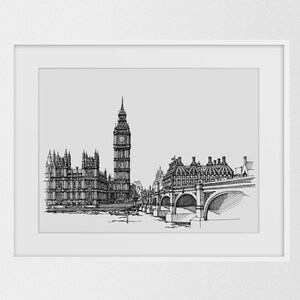 London Wall Art, London Skyline Print, London Drawing, Pen and Ink Illustration, London landmarks, Architecture Print, Black and White Art image 7