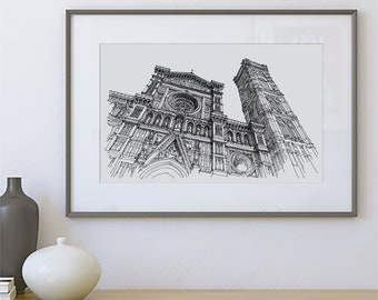 Cathedral of Santa Maria Original Line Art, Florence Cathedral Original Artwork, Hand Drawn Florence Church, Florence Italy Ink Art BW