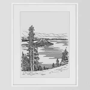 May include: Black and white line drawing of a lake with a small island in the middle. The lake is surrounded by trees and mountains. The drawing is done in a minimalist style.