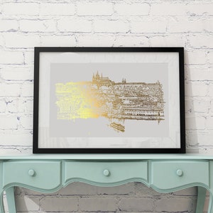 Prague Poster Gold Foil Print, Prague skyline & Architecture Print, Moldava, Prague Illustration, Travel Gift from Prague, Czech Republic Art